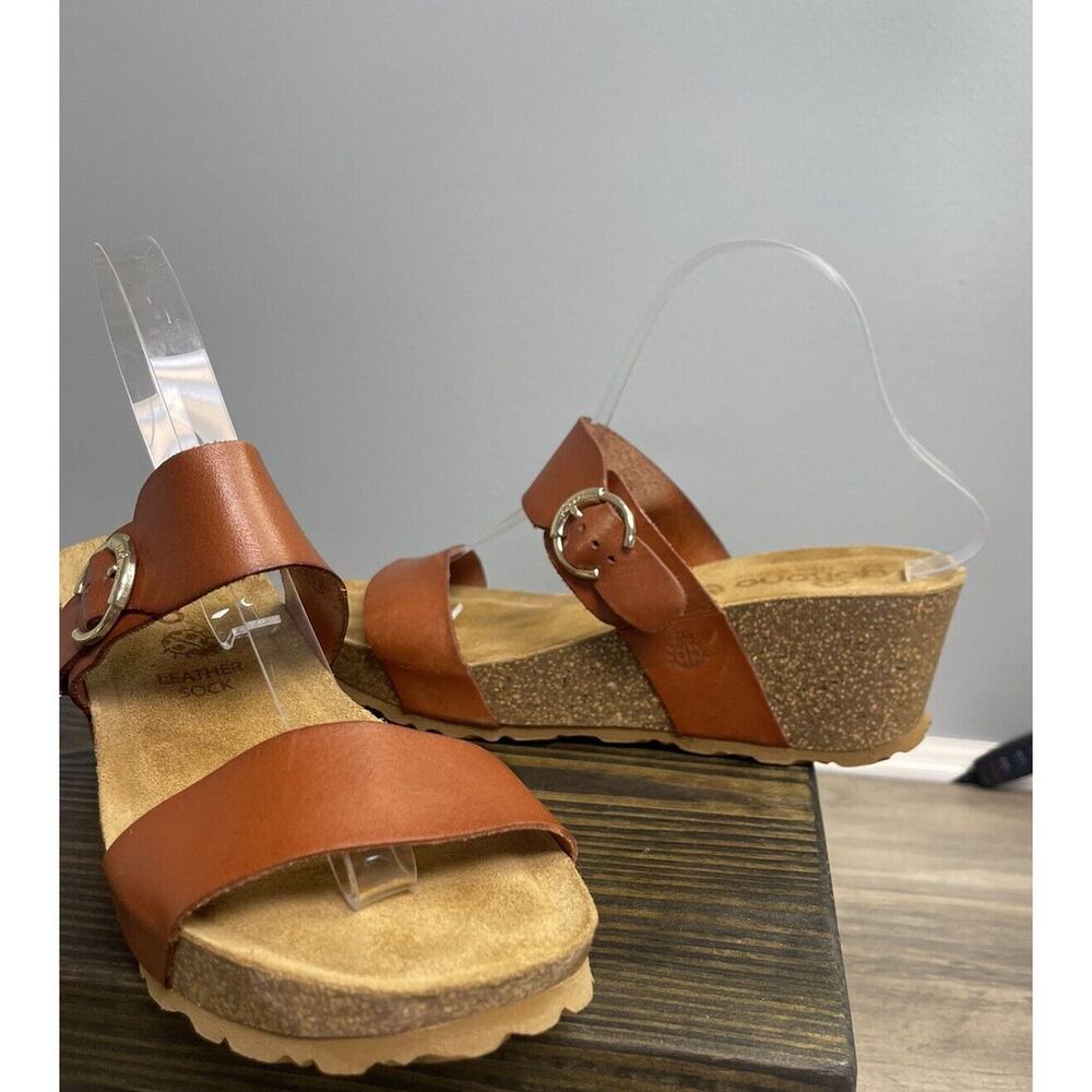 YOKONO Brown Leather Cork Wedge Sandals Women's 9 Big Buckle Made In Spain